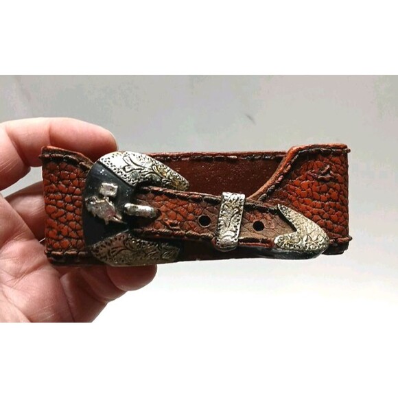 Western Set of 4 Coasters Longhorn Barbed Wire Belt Look Holder Leather Look - Picture 8 of 11